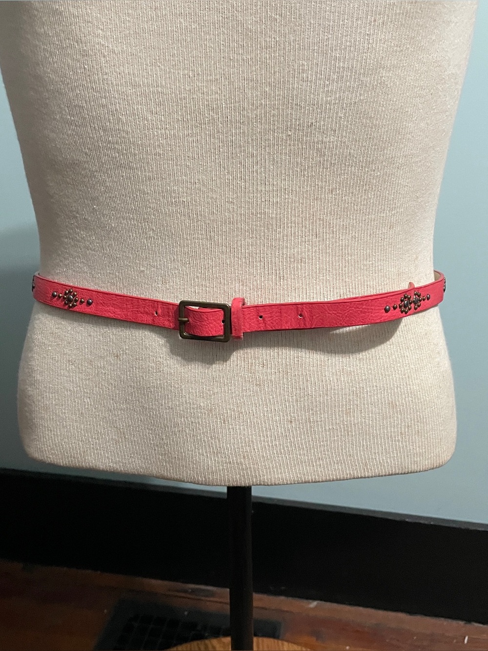 Hot Pink pleather Y2K 40 inch belt with rhinestone flower detail